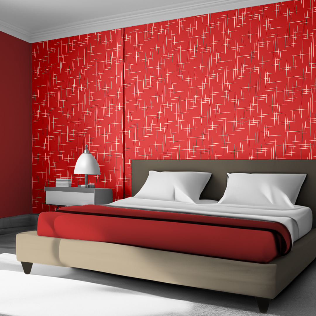 The artwork consists of a red square background with a repeating pattern of starburst shapes created by intersecting elongated lines. These lines are light-colored, contrasting sharply against the red background. The lines form multiple four-pointed stars with varying lengths and thicknesses, radiating outward in a geometric arrangement. The composition presents a clean, mid-century modern aesthetic, emphasizing simplicity and bold contrasts.